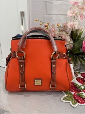 Dooney & Bourke Orange Leather Satchel with Brown Trim